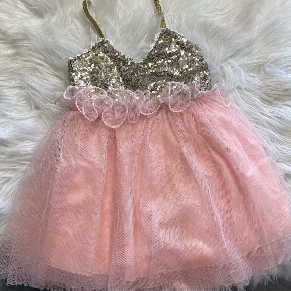 🩷Toddler baby girl puffy pink gold elegant dress✨